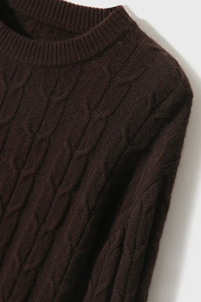 Merino Wool & Cashmere Blend Cable Knit Crewneck Sweater with Flared Sleeve Fibflx