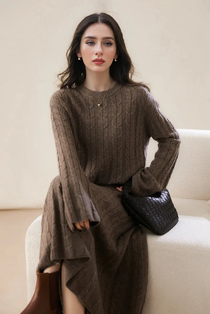 Merino Wool & Cashmere Blend Cable Knit Crewneck Sweater with Flared Sleeve Fibflx