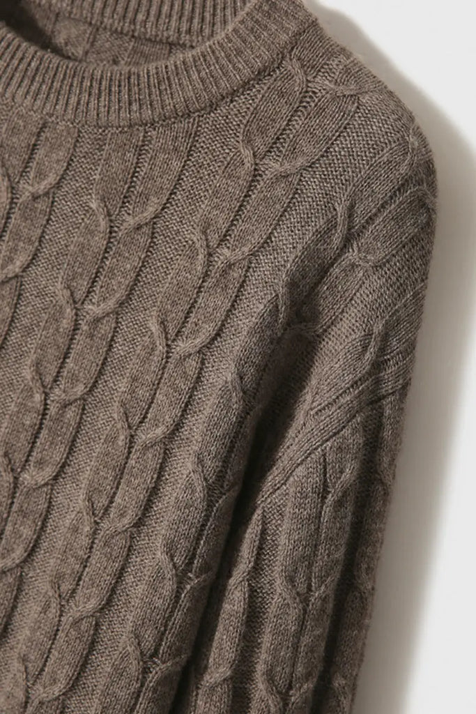 Merino Wool & Cashmere Blend Cable Knit Crewneck Sweater with Flared Sleeve Fibflx