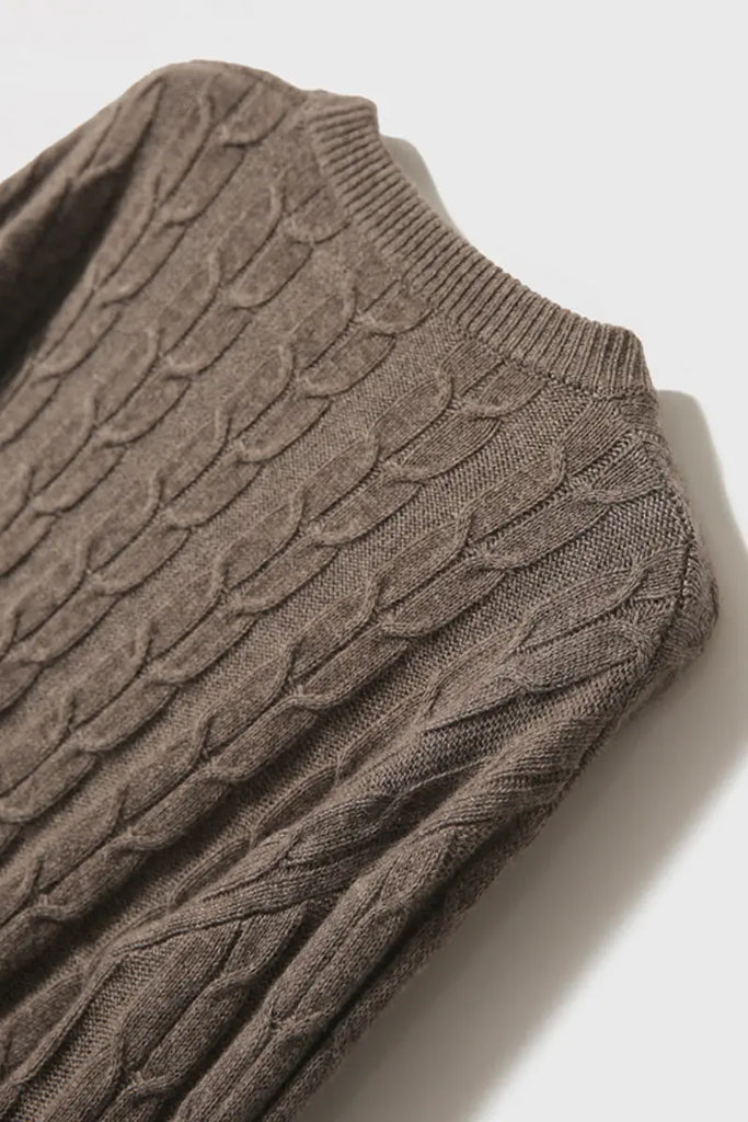 Merino Wool & Cashmere Blend Cable Knit Crewneck Sweater with Flared Sleeve Fibflx