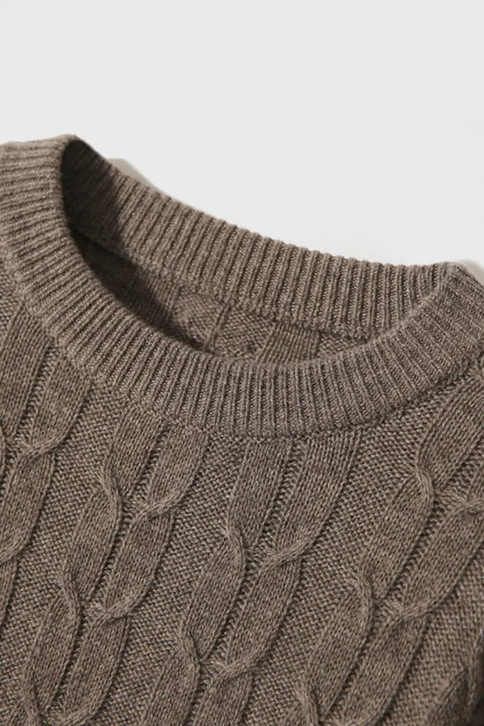Merino Wool & Cashmere Blend Cable Knit Crewneck Sweater with Flared Sleeve Fibflx