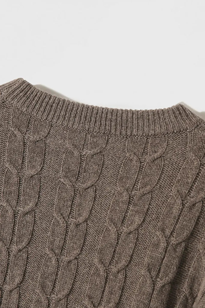 Merino Wool & Cashmere Blend Cable Knit Crewneck Sweater with Flared Sleeve Fibflx