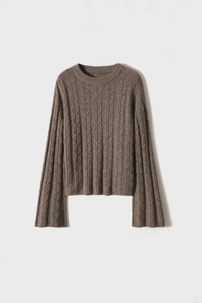 Merino Wool & Cashmere Blend Cable Knit Crewneck Sweater with Flared Sleeve Fibflx