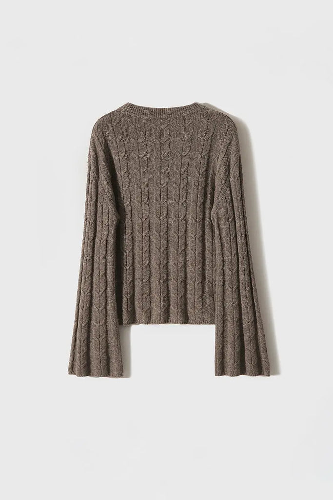 Merino Wool & Cashmere Blend Cable Knit Crewneck Sweater with Flared Sleeve Fibflx