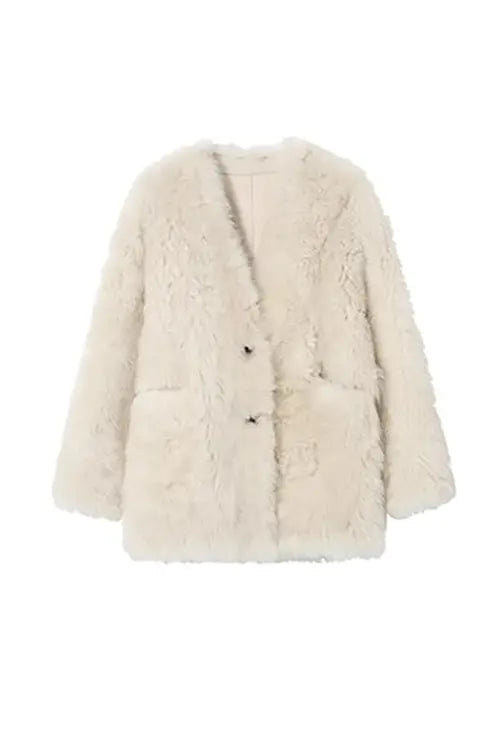 Mid-length Collarless V Neck Toscana Shearling Coat Fibflx