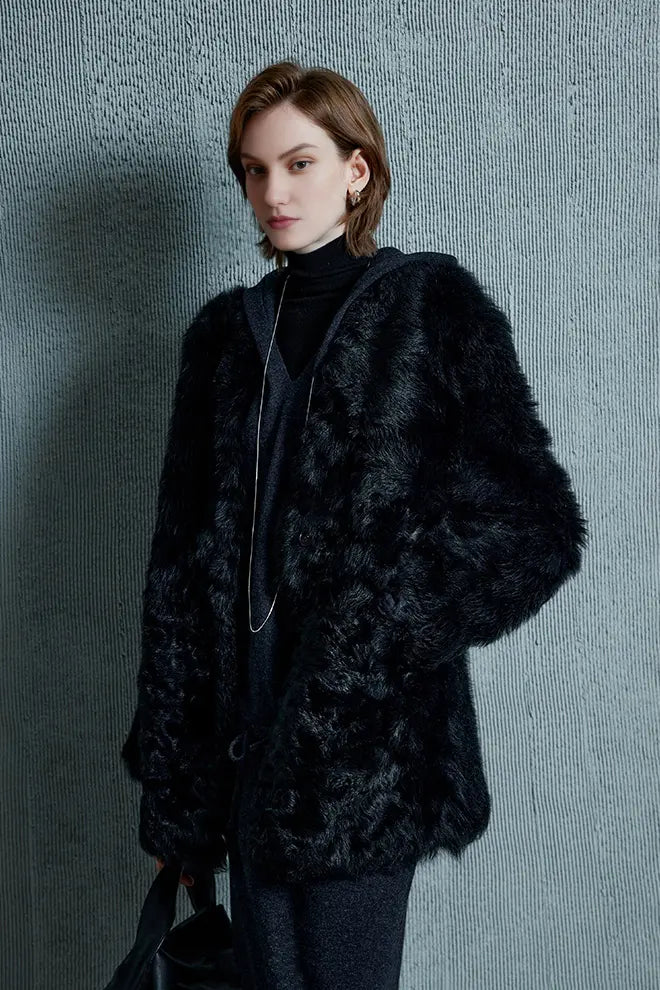 Mid-length Collarless V Neck Toscana Shearling Coat Fibflx