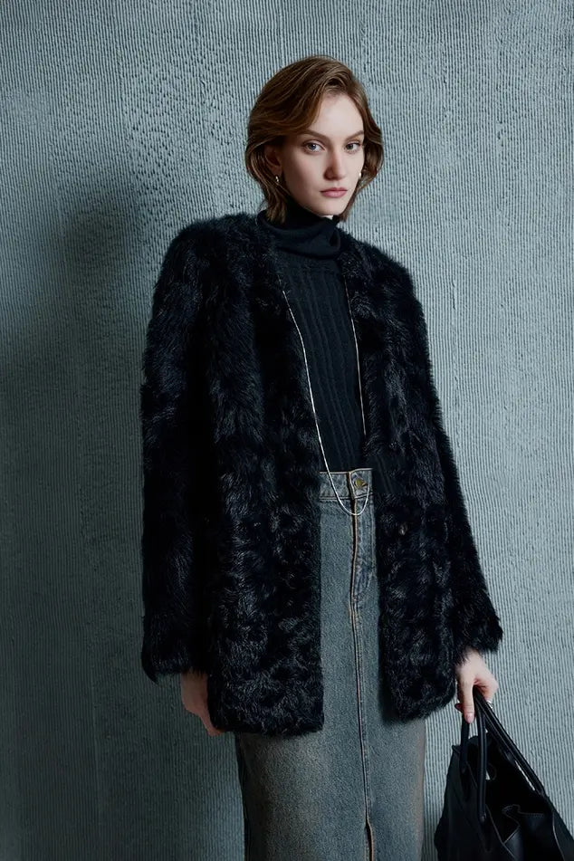 Mid-length Collarless V Neck Toscana Shearling Coat Fibflx