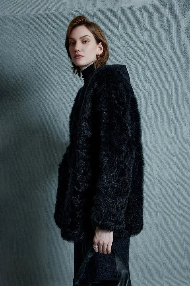 Mid-length Collarless V Neck Toscana Shearling Coat Fibflx