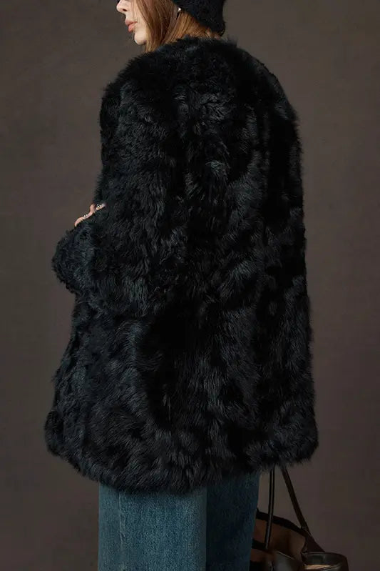 Mid-length Collarless V Neck Toscana Shearling Coat Fibflx