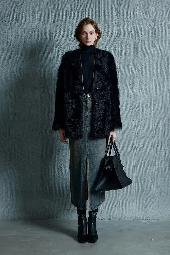 Mid-length Collarless V Neck Toscana Shearling Coat Fibflx