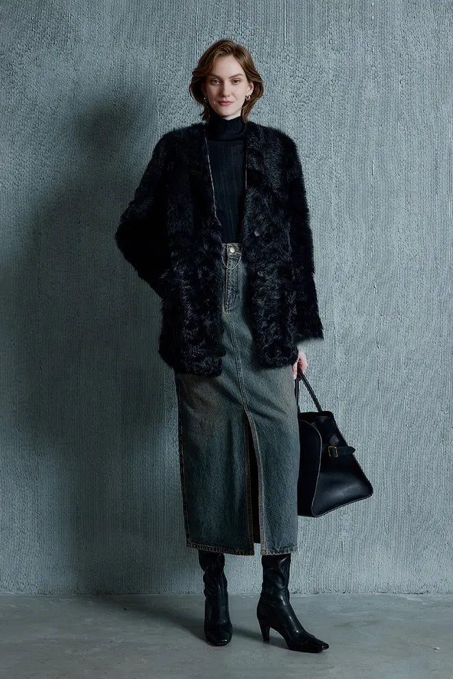 Mid-length Collarless V Neck Toscana Shearling Coat Fibflx