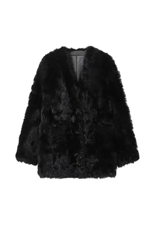 Mid-length Collarless V Neck Toscana Shearling Coat Fibflx
