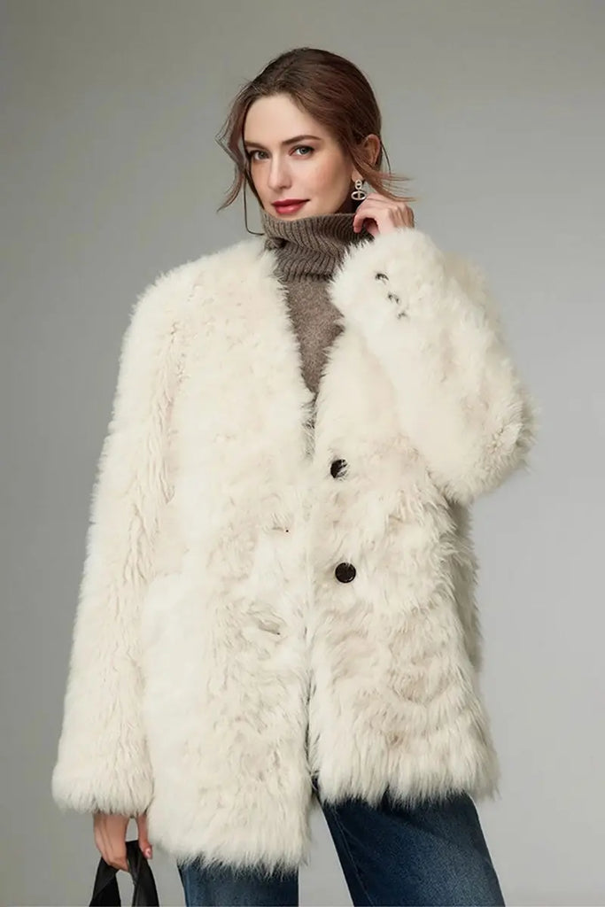 Mid-length Collarless V Neck Toscana Shearling Coat Fibflx