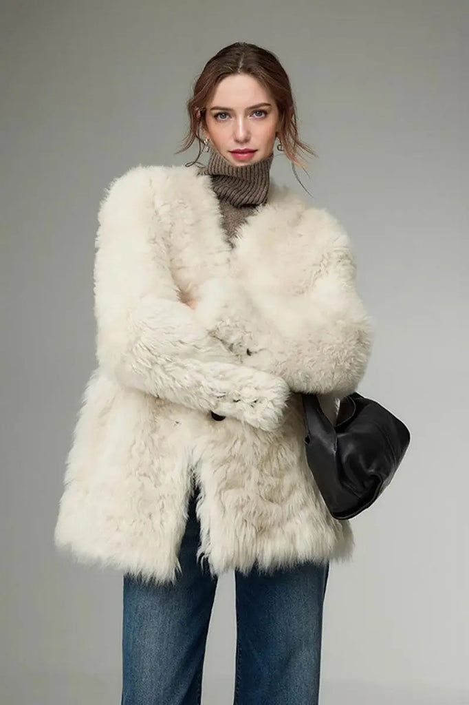Mid-length Collarless V Neck Toscana Shearling Coat Fibflx