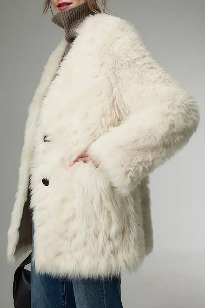 Mid-length Collarless V Neck Toscana Shearling Coat Fibflx