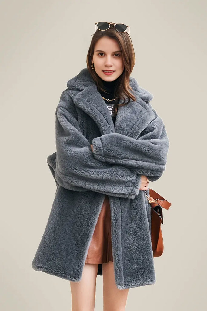 Mid-length Teddy-style Shearling Coat With Lapel Collar Fibflx