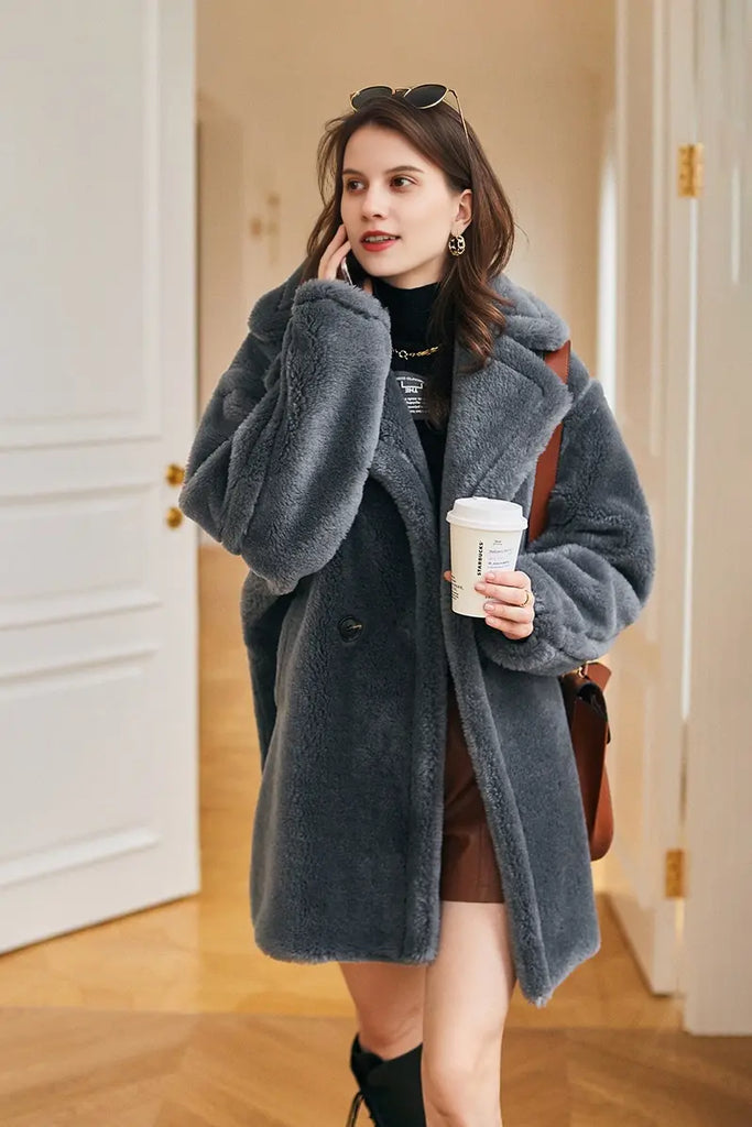 Mid-length Teddy-style Shearling Coat With Lapel Collar Fibflx
