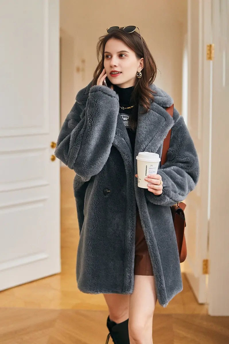 Fibflx Women's Mid-length Teddy-style Shearling Coat With Fibflx Women's Mid-length Teddy-style Shearling Coat With