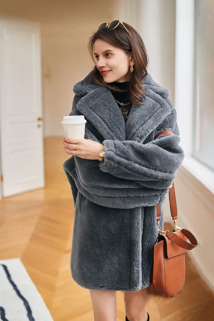 Mid-length Teddy-style Shearling Coat With Lapel Collar Fibflx