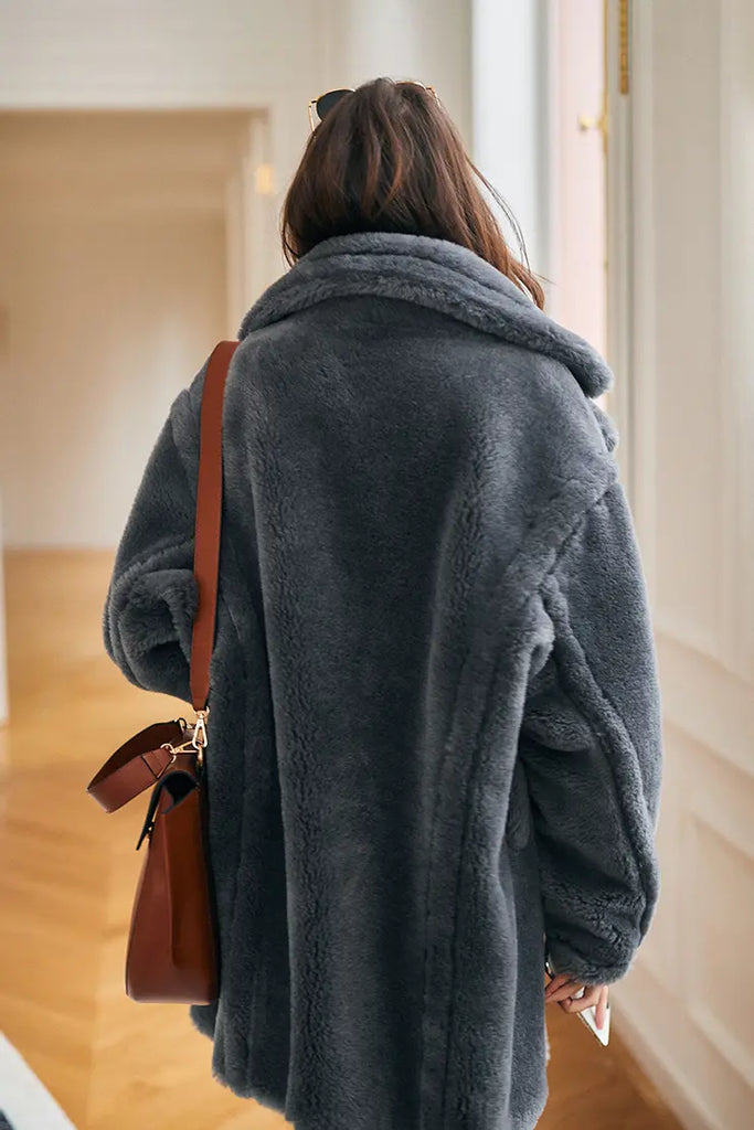 Mid-length Teddy-style Shearling Coat With Lapel Collar Fibflx