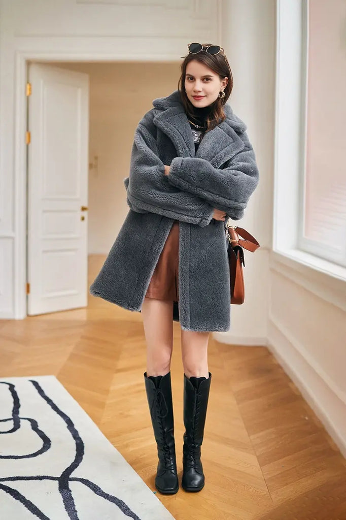 Mid-length Teddy-style Shearling Coat With Lapel Collar Fibflx