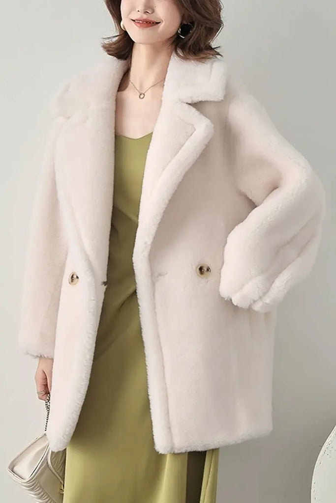 Mid-length Teddy-style Shearling Coat With Lapel Collar Fibflx