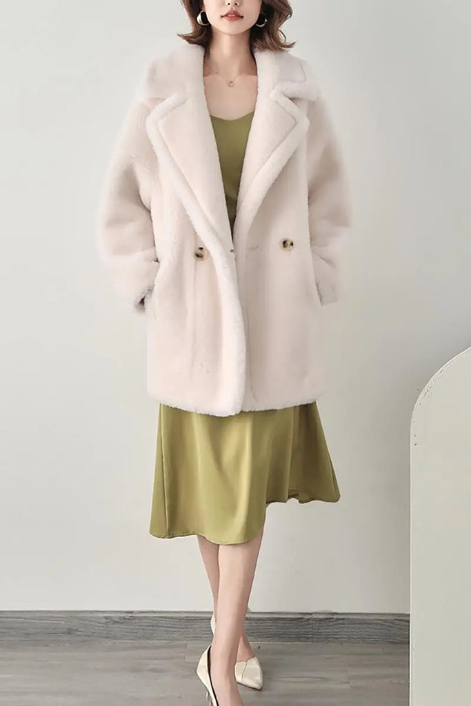 Mid-length Teddy-style Shearling Coat With Lapel Collar Fibflx