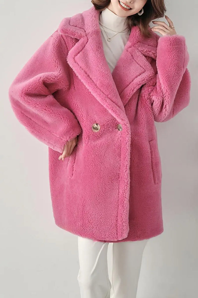 Mid-length Teddy-style Shearling Coat With Lapel Collar Fibflx