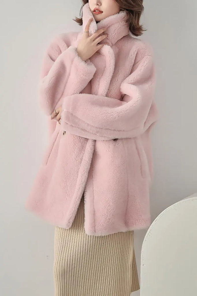 Mid-length Teddy-style Shearling Coat With Lapel Collar Fibflx