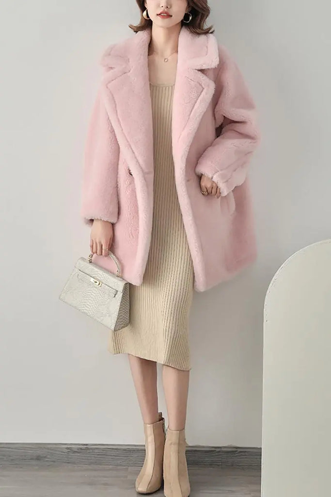 Mid-length Teddy-style Shearling Coat With Lapel Collar Fibflx