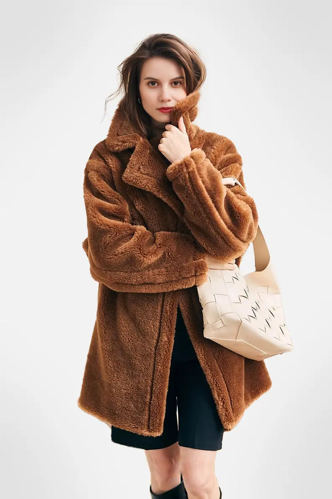 Mid-length Teddy-style Shearling Coat With Lapel Collar Fibflx