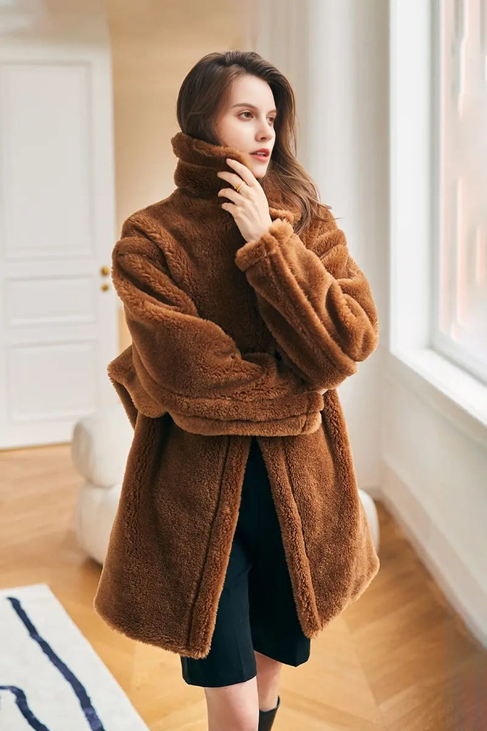 Mid-length Teddy-style Shearling Coat With Lapel Collar Fibflx