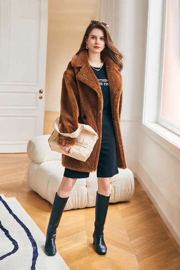 Mid-length Teddy-style Shearling Coat With Lapel Collar Fibflx