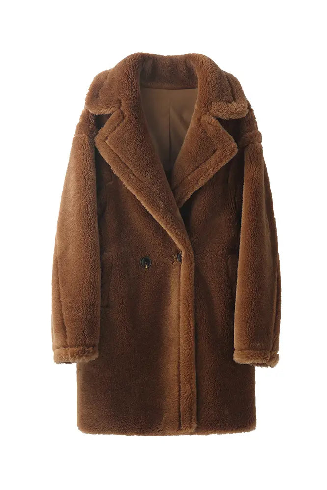 Mid-length Teddy-style Shearling Coat With Lapel Collar Fibflx
