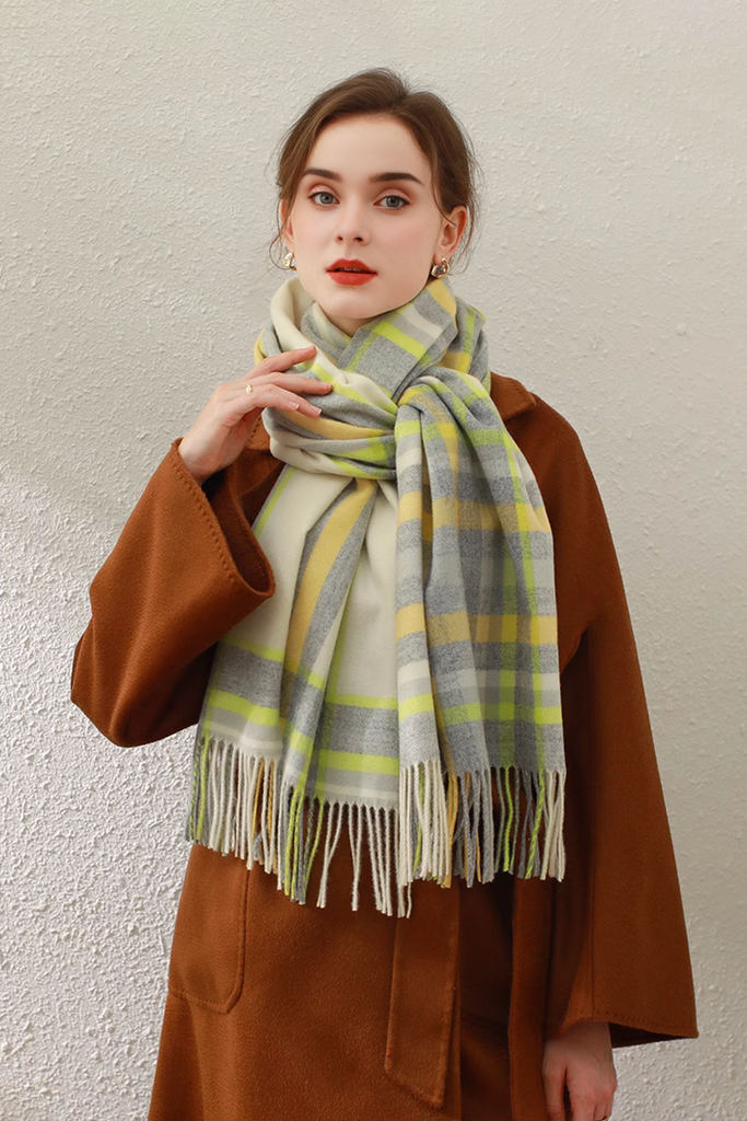 Mimic Cashmere Colorful Plaid Fringe Blanket Scarf - Fibflx