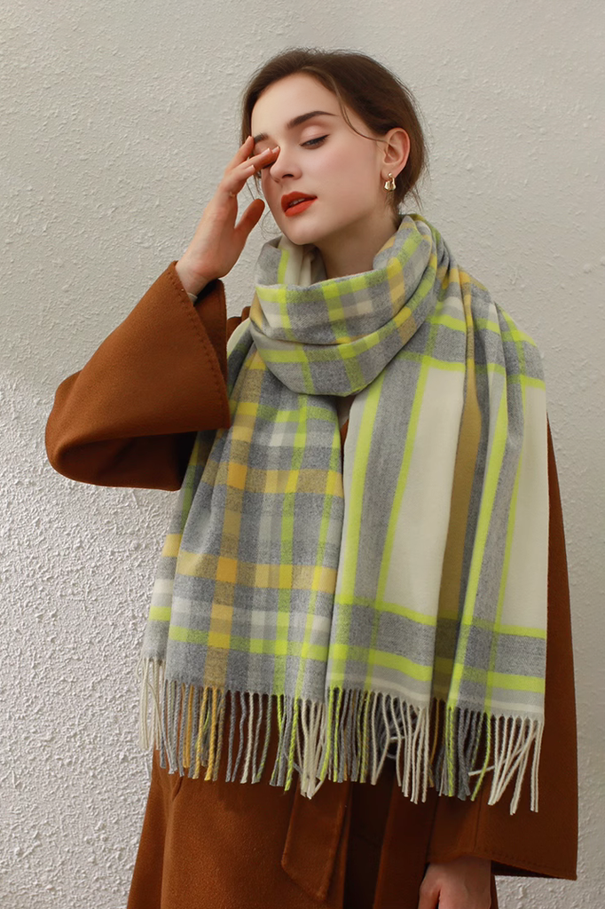 Mimic Cashmere Colorful Plaid Fringe Blanket Scarf - Fibflx