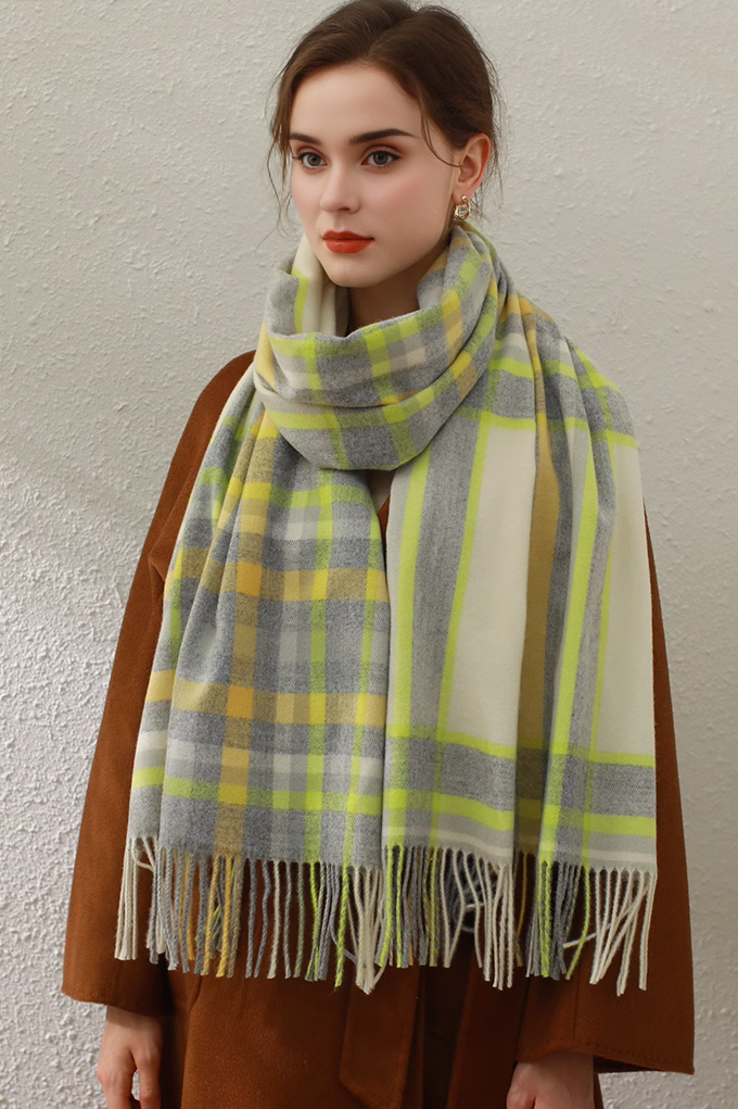 Mimic Cashmere Colorful Plaid Fringe Blanket Scarf - Fibflx