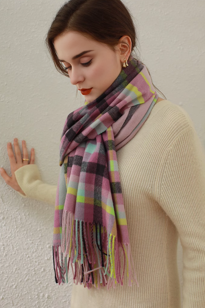 Mimic Cashmere Colorful Plaid Fringe Blanket Scarf - Fibflx