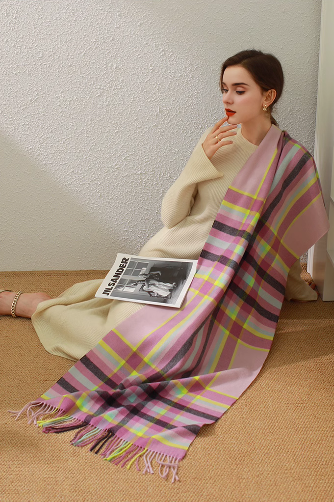 Mimic Cashmere Colorful Plaid Fringe Blanket Scarf - Fibflx