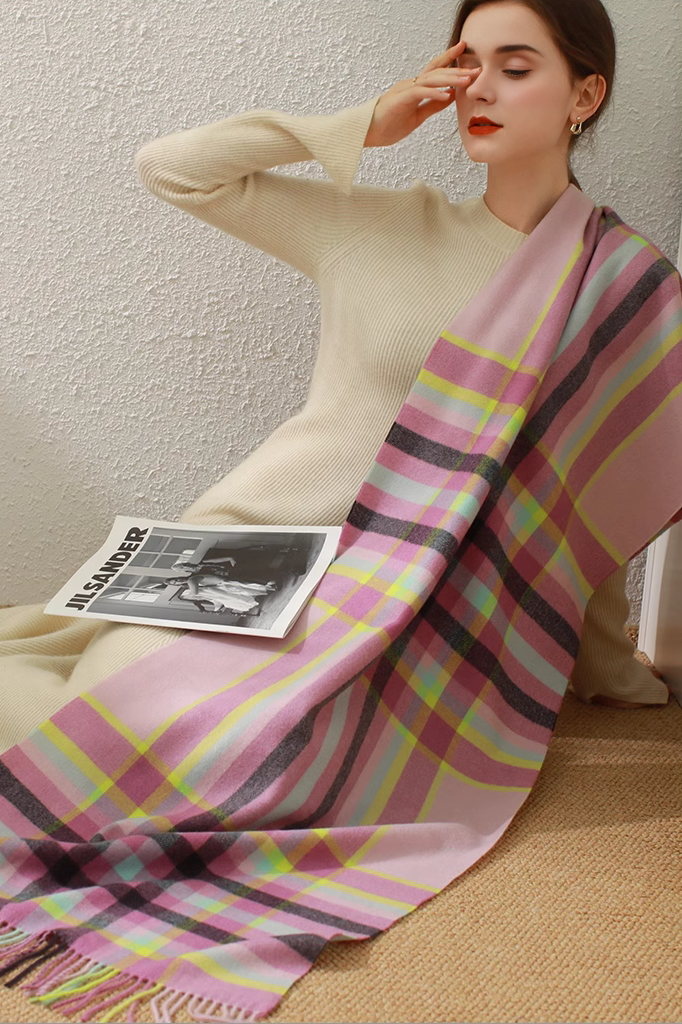 Mimic Cashmere Colorful Plaid Fringe Blanket Scarf - Fibflx