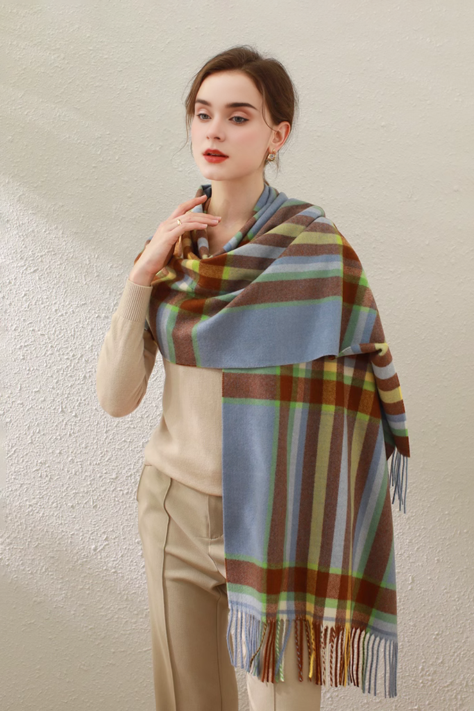 Mimic Cashmere Colorful Plaid Fringe Blanket Scarf - Fibflx