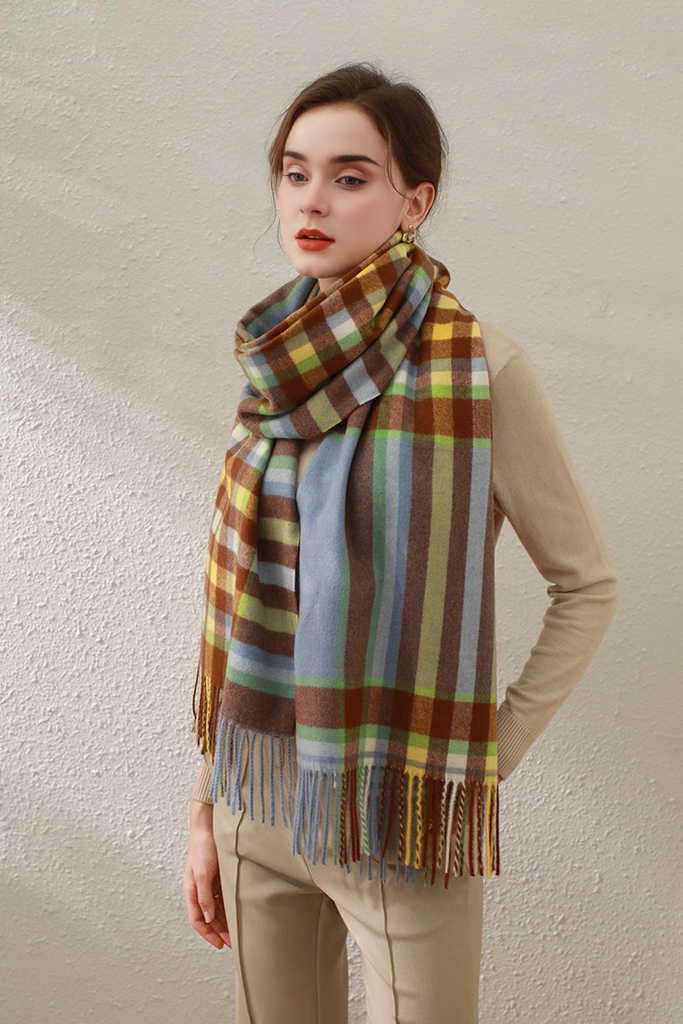 Mimic Cashmere Colorful Plaid Fringe Blanket Scarf - Fibflx