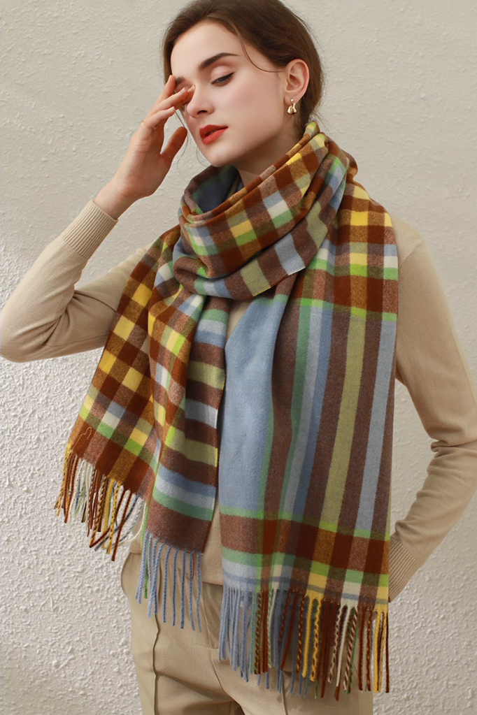 Mimic Cashmere Colorful Plaid Fringe Blanket Scarf - Fibflx