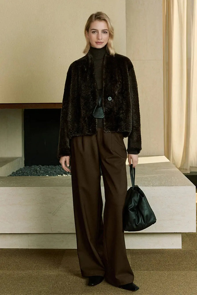 Fibflx Women's Minimalist Cropped Spain Sheepskin Shearling Jacket