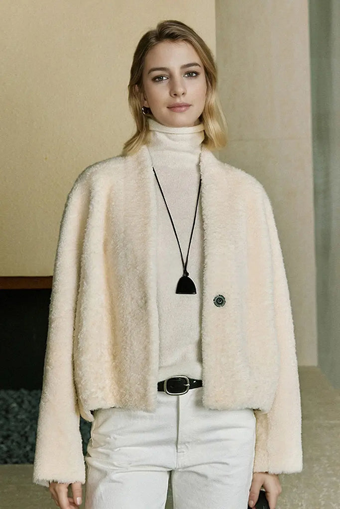 Fibflx Women's Minimalist Cropped Spain Sheepskin Shearling Jacket