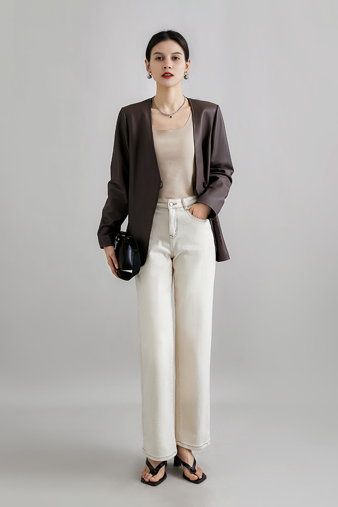 Modern Collarless Leather Blazer - Fibflx