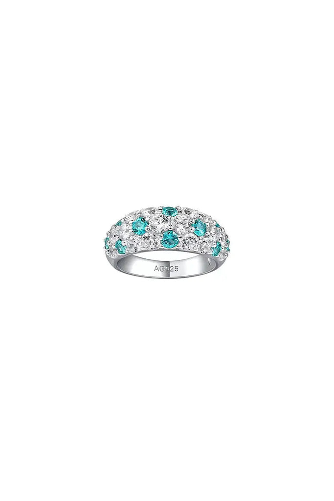 Fibflx Women's Moissanite Simulated Paraiba Tourmaline Pave Ring in Rhodium Plated Sterling Silver
