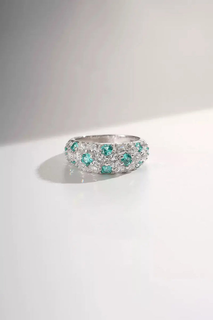 Fibflx Women's Moissanite Simulated Paraiba Tourmaline Pave Ring in Rhodium Plated Sterling Silver