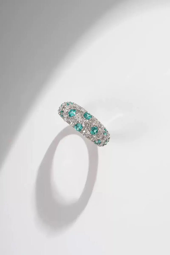 Fibflx Women's Moissanite Simulated Paraiba Tourmaline Pave Ring in Rhodium Plated Sterling Silver