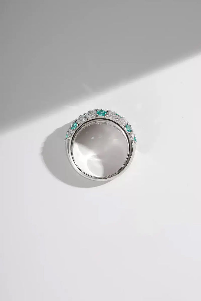 Fibflx Women's Moissanite Simulated Paraiba Tourmaline Pave Ring in Rhodium Plated Sterling Silver